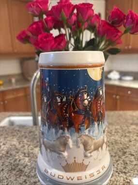 Budweiser White and Blue Holiday Ceramic Stein